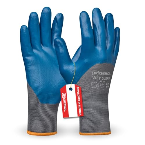 Gebol Wet Guard blau | Größe XXL (Gr 11) | Arbeitshandschuh mit öl- und wasserfester Nitril Beschichtung | griffsichere Polyester Schutzhandschuhe | für Herren | grau, blau | 1 Paar