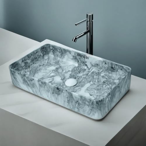 Image of Marble Ceramic Tabletop Wash basin | Countertop Vessel Sink | Wash Basin over counter For Bathroom Hotel Home | Bathroom Sink (24 x 14 x 5 Inch) (Marble Blue)