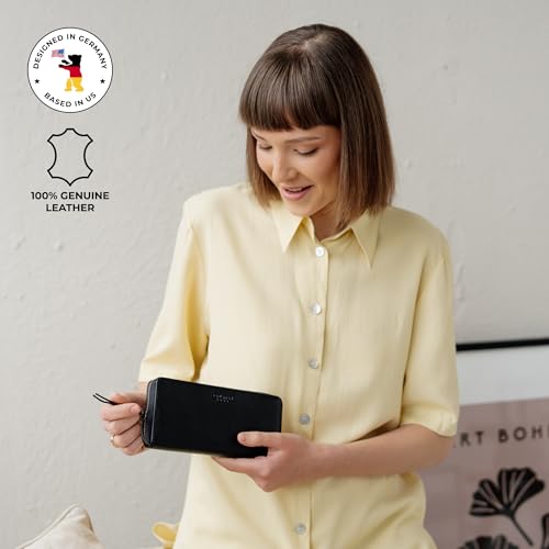 Image of BERLINER BAGS Genuine Leather Zip Wallet Women Palma, Gift Box - Black | Soft Leather Zip Around Wallet, 14 Card Slots, 1 ID Window, 2 Bill Compartments, Zippered Coin Pocket, RFID Blocking