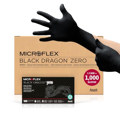 Ansell Microflex Black Dragon Zero Nitrile Powder Free Exam Gloves, Textured Fingers, Black, Large, Pack of 1000