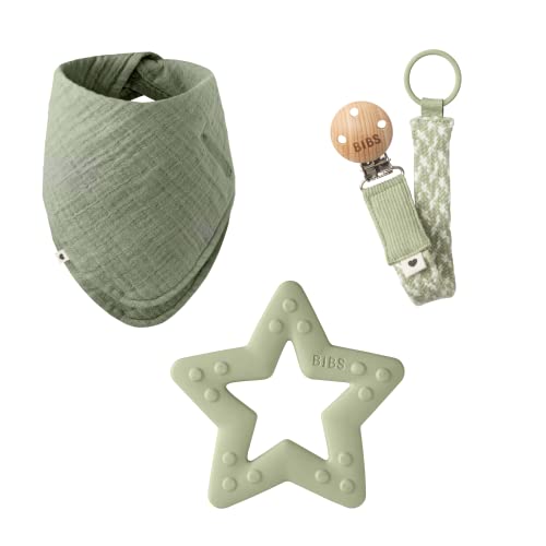 Image of BIBS My First 6 Months Gift Set | Includes Cloth Bib, Pacifier Clip and Bitie Teether | Sage