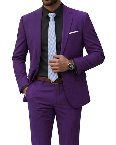 YND Men's 2 Piece Suit with Tie, Slim Fit Solid Color Jacket and Pants Set