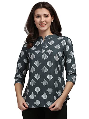 Image of NAINVISH Cotton Blend Tops for Women | Tops for Women Printed Shirt Top for Women Slim Fit | Office Wear Tops for Women | Mandarin Collar Top
