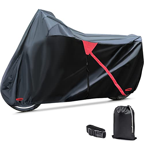 Autolion Motorcycle Cover,Waterproof Zipper 420D Heavy Duty Outdoor Cover For All Seasons Windproof, High Heat Resistance Dustproof And Rainproof Snowproof(Red Zipper L Fits Up To 91Inch) #TOP2