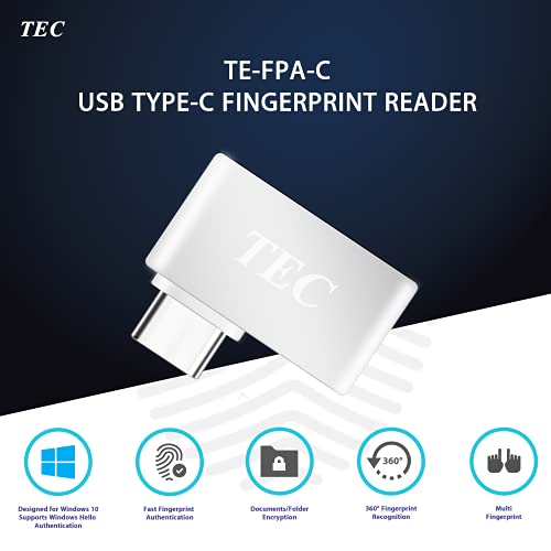 TEC Type-C Fingerprint Reader for Windows 10 Hello, TEC TE-FPA-C Bio-Metric Fingerprint Scanner PC Dongle for Password-Free and File Encryption, 360° Touch Speedy Matching Security Key
