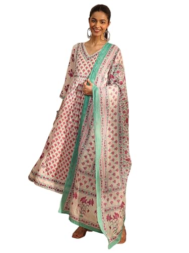 Image of Libas Printed Cotton Anarkali Kurta With Trouser and Dupatta | ethnic wear | bridal suit | occasion wear