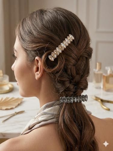Image of Pearl & Crystal Hair Clips Set for Women, Elegant Rhinestone Barrettes, Stylish Hair Pins for Party, Wedding, Daily Wear - Pack of 2