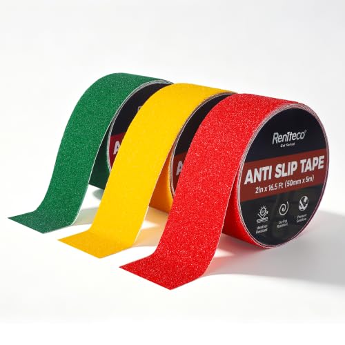 Image of Reniteco Anti Slip Tape 3PC, 2 inch x 16.5Ft Heavy Duty Grip Tape, High Adhesion & Waterproof, No Residue, for Outdoor Stairs, Tile, Shower, Bathtub - Extra Grip Safety Tape (Red, Green, Yellow)