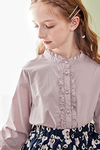 SOLOCOTE Girls White Blouse Ruffle Long Sleeve Button Down Shirts Princess Cotton Loose Soft Tops Spring and Summer, 190903 7-8 Lightpurple