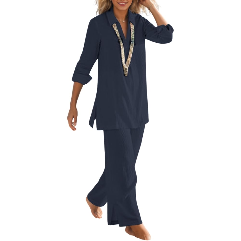 Womens Lounge Cotton Linen Two Piece Outfits Spring Summer Oversized Long Sleeve Tops and Wide Leg Pants Suits