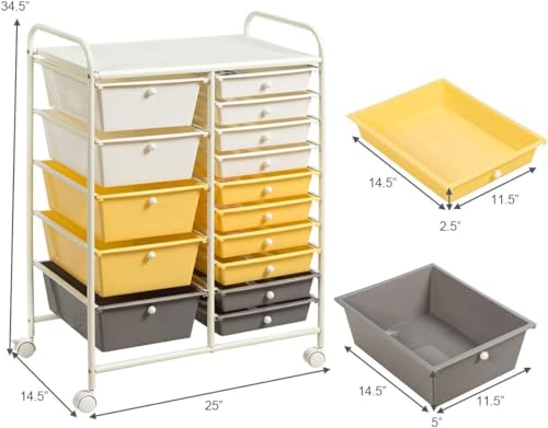Image of LDAILY 15 Drawer Rolling Storage Cart, Rolling Cart with Drawers for Classroom, Art Supply Craft Organizer on Wheel with Metal Frame & Handles for Home Office School