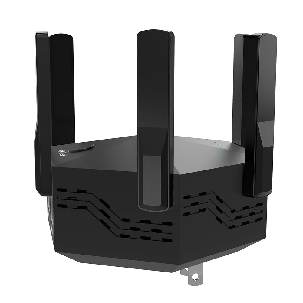 Wzmacniacz do Internetu WLAN, wzmacniacz sygnału z technologią podwójnego pasma (1200 Mbit/s) i 6 regulowanymi antenami do użytku wewnętrznego i domowego, czarny