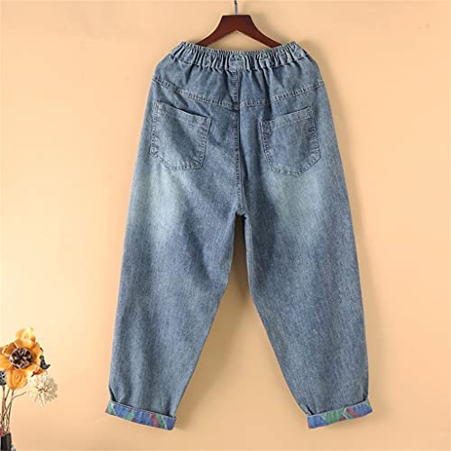 Ccbuy Spring Autumn Women Elastic Waist Cotton Denim Harem Pants Patch Design Vintage Embroidery Loose Casual Jeans (Color : Photo Color, Size : M Code) #TOP3
