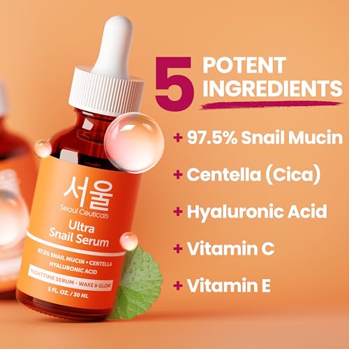 SeoulCeuticals Korean Skin Care 97.5% Snail Mucin Serum β K Beauty Skincare Anti Wrinkle Cica Night Serum Hyaluronic Acid for Face 1oz