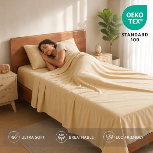 Image of LANE LINEN 100% Organic Cotton Bedsheet for Single Bed - Linen | GOTS Certified, Percale Weave, 60x90 inches, Soft & Breathable, Machine Washable, Includes 1 Pillow Cover
