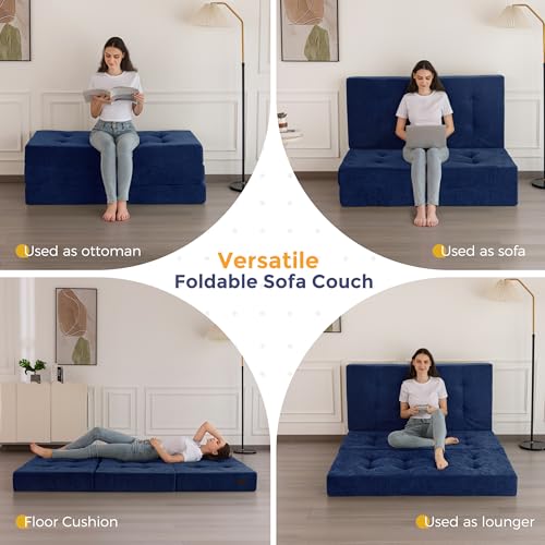 Image of MAXYOYO 6 inch Folding Sofa Bed for Floor, Tufted Tri-Fold Floor Mattress with Chenille Fabric, Twin Size Portable Sofa Couch Guest Mat for Adults, Foldable Topper for Camping, Navy, 35.4 inchx75 inch
