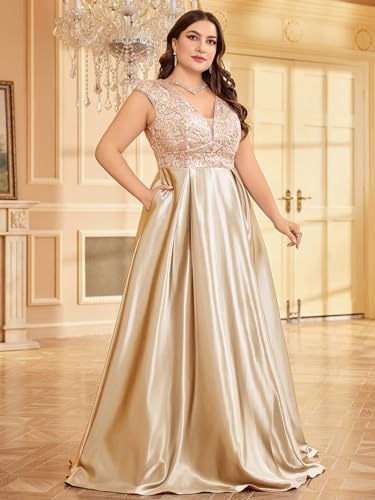 Image of Plus Size Satin Mother of the Bride Formal Gown for Wedding Sleeveless V-Neck Evening Dress