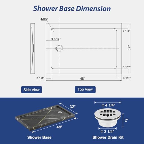 Image of KPUY 48'' X 32'' Shower Base Pan with Reversible Install, Blackish-gray