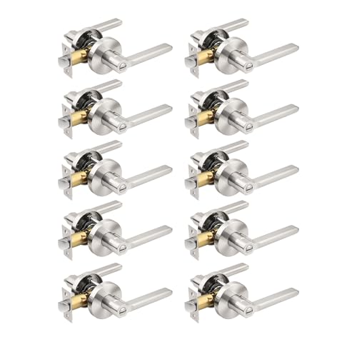 Probrico 10 Pack Interior Privacy Door Handles, Brushed Nickel Heavy Duty Levers with Lock for Bedroom Bathroom, Round Lockset for Home Upgrade