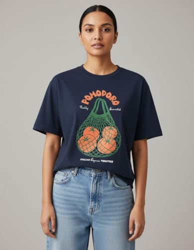Image of Oversized Cotton T-Shirt for Women Half Sleeve Pomodoro Printed Tee - Breathable Loose Fit Asthetic Casual Wear for College and Daily Ou Outfits, Streetwear