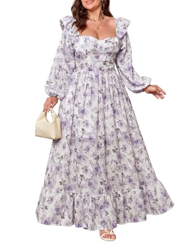 Image of EYWOL Women's Floral Puff Long Sleeve Maxi Dress Sexy Sweetheart Corset Boho Chiffon Flowy Smocked Long Dresses