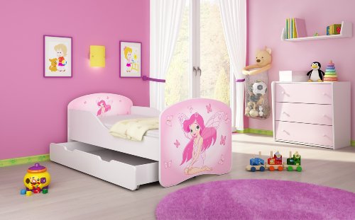 Cama infantil Clamaro Traumland, con protector anticaída (34 estampados y elección de nombre), 70 x 140 o 80 x 160, incluye colchón, somier, estructura (cajones con ruedas), sin cantos ni bordes afilados gracias a sus protectores, laterales regulables 07 Pink Fairy Talla:70x140 cm (mit Bettkasten)