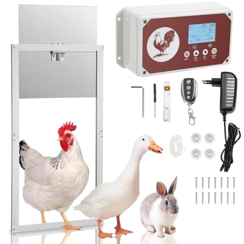 Daromigo Aluminum Automatische Hühnerklappe Batterie mit LCD Display,Timer,Fernbedienung,Lichtsensor,7.8W Hühnertür Automatisch,Einklemmschutz Automatische Hühnertür für Hühnerstall