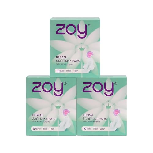 Image of ZOY Herbal Sanitary Pads for Women XL Heavy Flow | Period Comfort Support, Rash-Free, Breathable Cotton | Night Pads, Odour Control, Ultra Thin Leak Lock | 30 Pads
