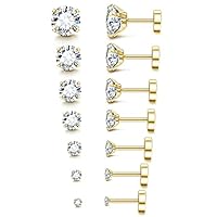 Fansilver 20G Hypoallergenic Flat Back Earrings for Women Men Silver 14K Gold Stainless Steel Stud Earrings Brithstone Cubic Zirconia Studs Surgical Steel Cartilage Earrings for Sensitive Ears