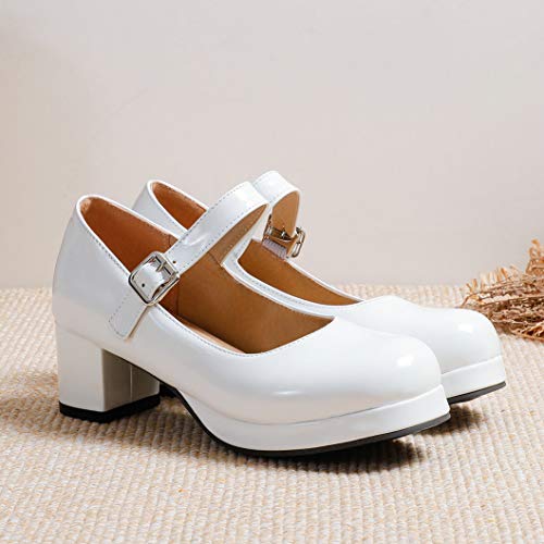 Bellirala Womens Cute Lolita Shoes White Patent Leather Mary Janes Platform Pumps Chunky Heeled Dress Shoes US Size 83