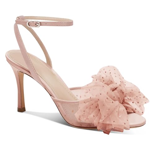 Image of Coutgo Womens Bow Tie Heels Sandals Slingback Peep Toe Wedding Heels Mesh High Stiletto Heel Summer Cute Wedding Bridal Shoes