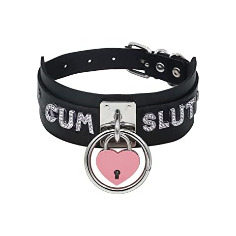 paloli Black Heart Padlock O-ring Choker Necklace for Women, Punk Gothic Letter Leather Collar Pink padlock Cosplay Jewelries, Leather, Rhinestone Cover