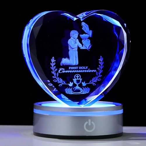 Image of Qianwei First Communion Gifts for Boys, 3D Engraving Crystal Praying Boy John Figurine First Communion Veil Decoration, Baptism Gifts for Boy Catholic
