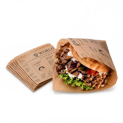 Snacktaschen | Burger Papier | Kraftpapier | Fettdicht | 100 Stück | 16x16cm | 100% Recyclebar | Umweltfreundlich | Biologisch abbaubar | Döner | Tüte | Snack | Zeitung