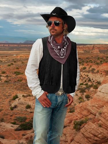 Toulite 4 Pcs Western Outfits for Men Cowboy Tassel Sleeveless Vest Hat Belt Buckle and Paisley Bandana for Halloween Cosplay