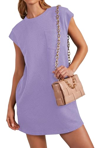 Poetsky Cap Sleeve Dress for Women Crewneck Plain Casual Crewneck