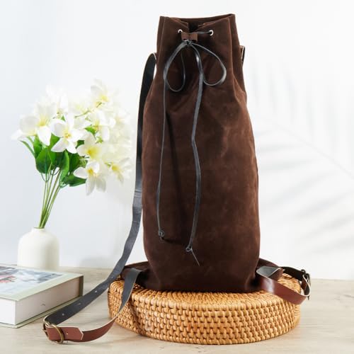 Image of GORGECRAFT Medieval Backpack Drawstring Fibre Bag with PU Leather Straps and Alloy Clasps Portable Pouch for Viking LARP Renaissance Outdoor Activities Cosplay Gym Workout Saddle Brown 18x10.8 inch