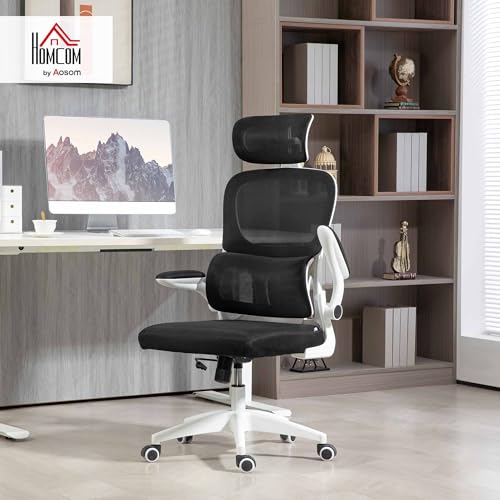 Sedia da Ufficio Ergonomica con Braccioli Ribaltabili e Poggiatesta, Sedia Scrivania Girevole con Altezza Regolabile, Supporto Lombare e Funzione Dondolo in Tessuto in Rete per Studio, Nero - Sedia gaming - Immagine 1