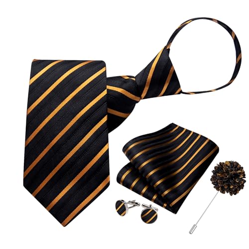 Image of DiBanGu Mens Zipper Tie Silk Pre-Tied Necktie with Gift Box | Jacquard Woven,Paisley Solid Plaid Pattern,6PCS with Pocket Square,Cufflinks and Lapel Pin,for Wedding Party Formal Business