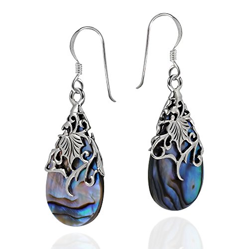 Floral Vine Ornate Teardrop Abalone Shell .925 Sterling Silver Dangle Earrings