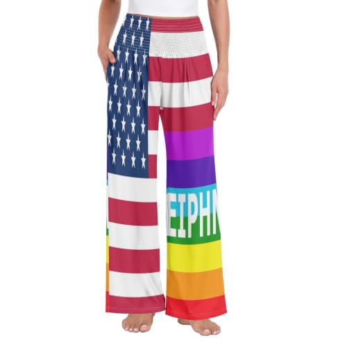 Pantalon large femme pour vacances plage imprimé drapeau USA et arc-en-ciel
