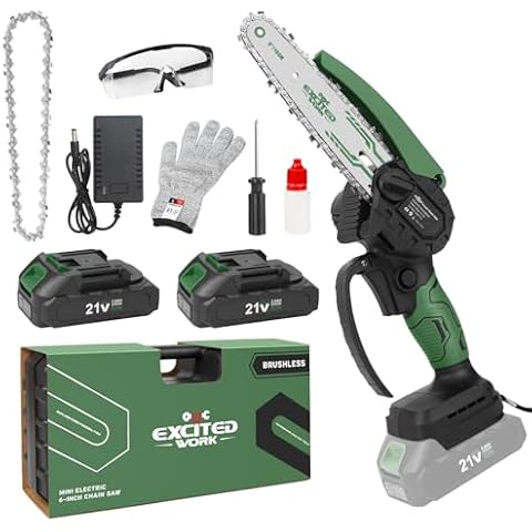 Brushless Mini Chainsaw 6-Inch, Excited Work 20V Cordless Electric Power Chainsaw with 2PCS 2000mAh Rechargeable Batteries and Extra 2 PCS Chains for Wood Cutting, Gardening and Tree Trimming Cover