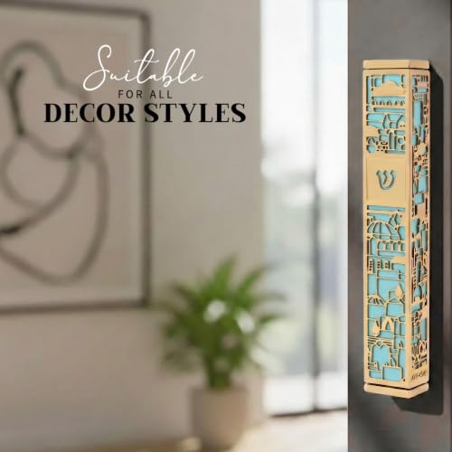Image of SURI Mezuzah for Door with Scroll, 7 Inch Gold and Blue Mezuzah Case with Non Kosher Scroll Inside, Fits a up to 6 Inch Scroll, Includes Adhesive and Gift Box