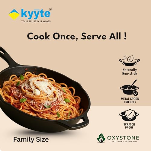Image of kyyte OxyStone Pre-Seasoned Cast Iron Frying Pan 10 Inch (26 cm) Dia,Pasta,Saute Pan,Shallow Frying,Naturally Nonstick Cast Iron,100% Pure and Toxin-Free,No Chemical Coating,Gas,Induction,OTG Friendly