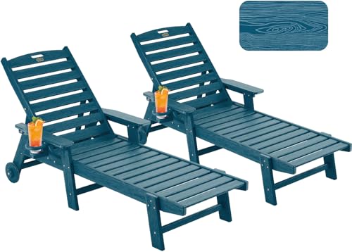 Image of Patio Chaise Lounge Chair Set of 2, Oversize Lounge Chairs with Wood Texture& Rolling Wheels, HDPE 6-Position Plastic Lounge Chairs for Poolside, Patio, Deck, Beach,Navy Blue