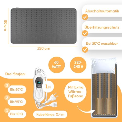 KESSER® Wärmeunterbett 150x80cm mit Abschaltautomatik Fernbedienung | Heizdecke mit 3 Temperaturstufen | Wärmebettunterlage fürs Bett Matratzenheizung Wärmedecke aus weichem Vlies Heizkissen Anthrazit