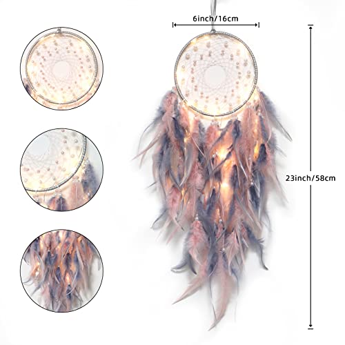 Khoyime Led Dream Catcher Light Up Handmade Feather Dreamcatchers Boho Wall Hanging For Girls Kids Bedroom Bohemian Home Decor Wedding Ornament Craft Gift (Pink&Grey) #TOP2