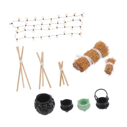 TOYANDONA 1 Juego Mini Hoguera Decorativa para Casa de Muñecas Estante de Madera y Colgante Decoración de Escena de Halloween y Accesorios para Muñecas