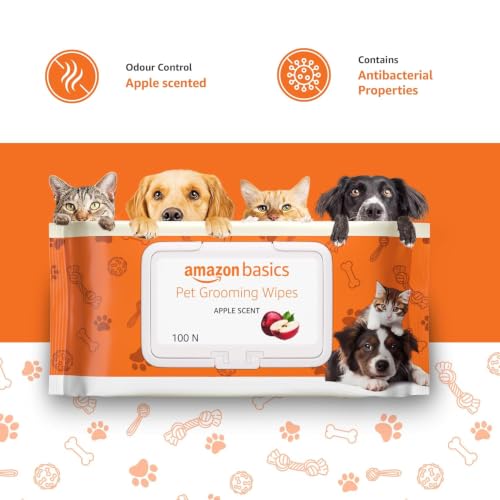 Image of Amazon Basics Pet Grooming Wipes | Mild Scent | Odor Control | Moisturizing | Antibacterial | Safe for All Dogs, Cats, Puppies, Kittens | Suited for Travel & Outdoors | 300 Count (100 x 3 Pack)