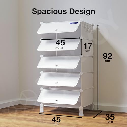 Image of BOXJOY 5 Shelf Shoe Rack Box Organizer with 5 Doors, Strong Magnets & 5 Hook Steel Holder for Home Storage, PP Plastic Cabinets with Metal Door Frame, Chappal Slipper Stand (White Rack, White Door)